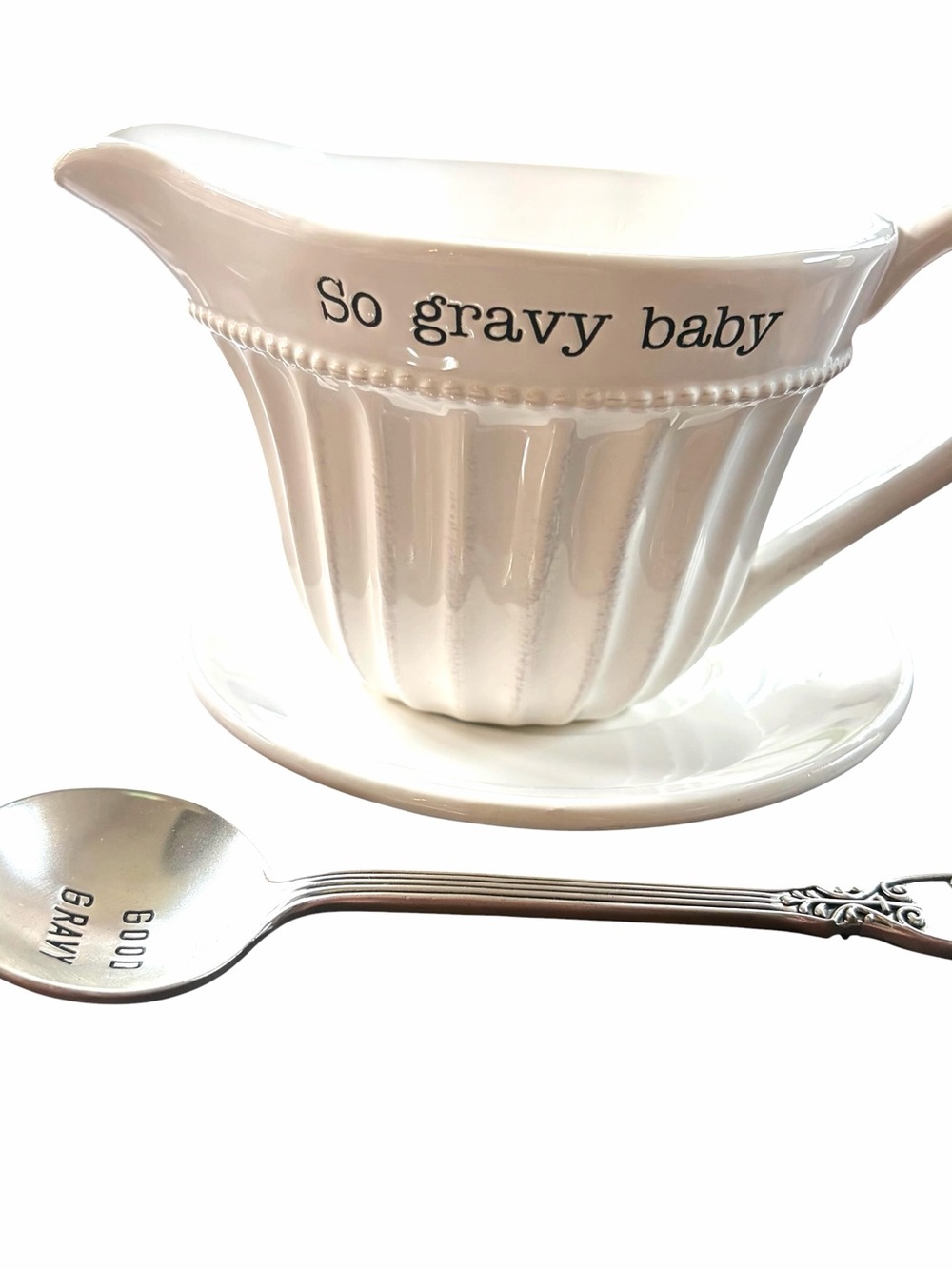 White "So Gravy Baby" Ceramic Gravy Boat with Saucer by Mud Pie